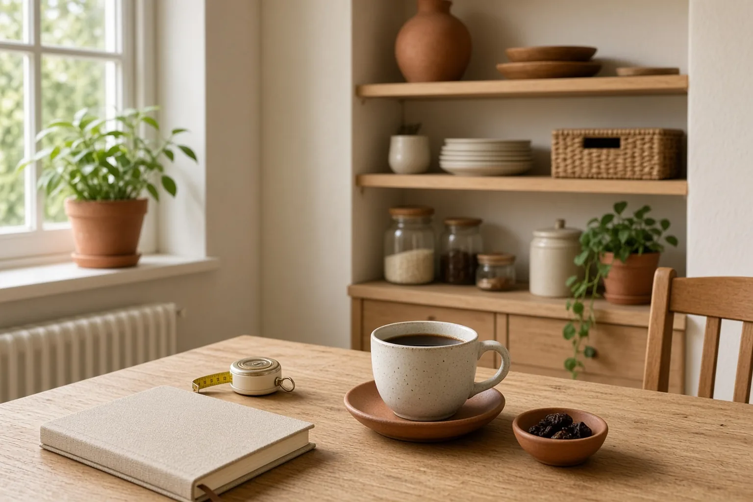Calm, organized small living space with open shelving and baskets