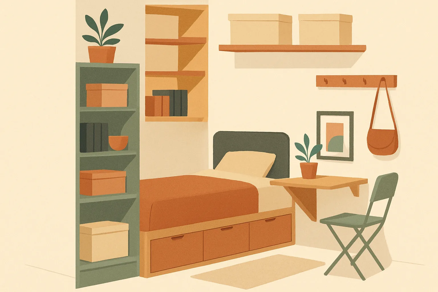Organized small room with flexible storage