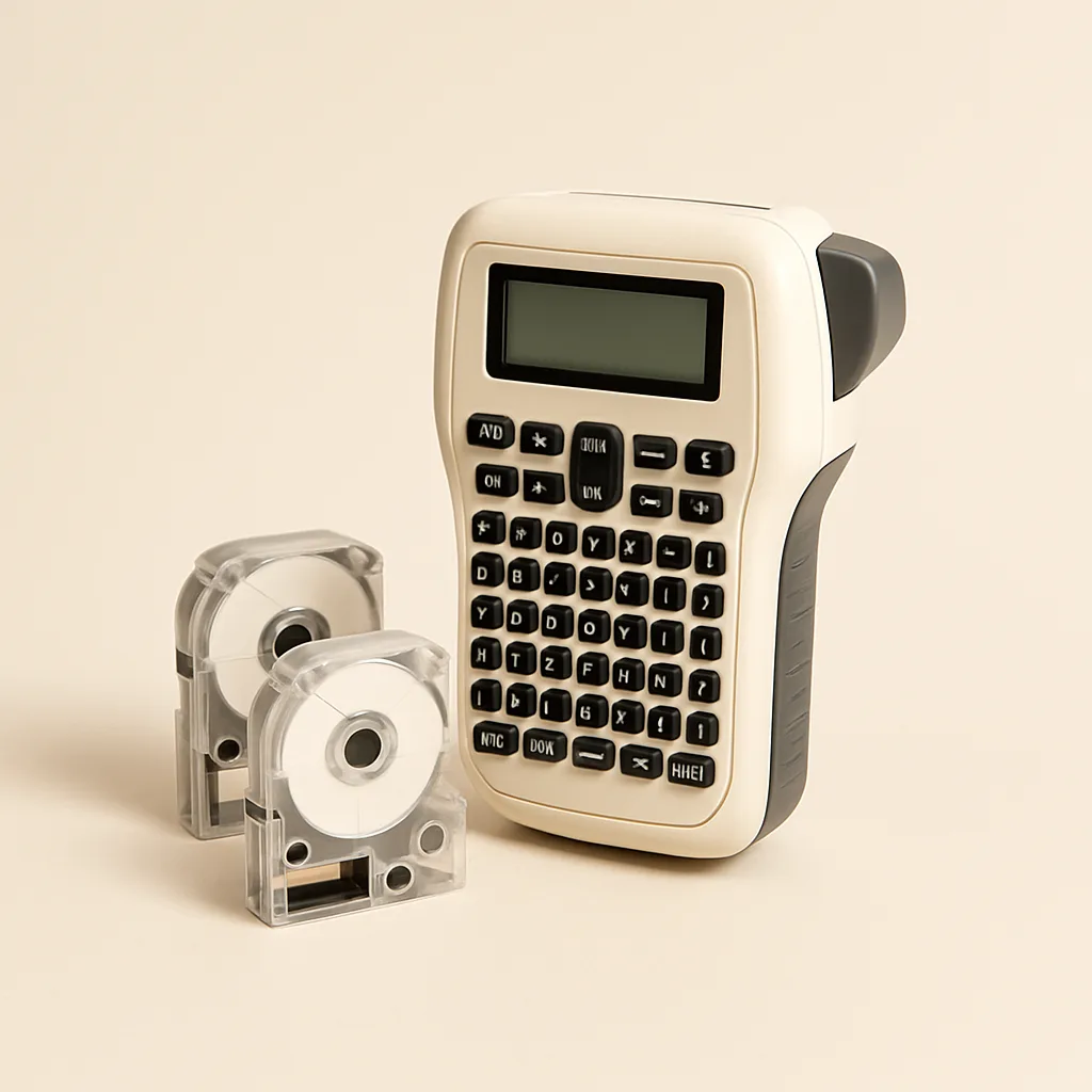 Handheld label maker with tape cartridges – illustrative image, see the listing on Amazon for actual photos