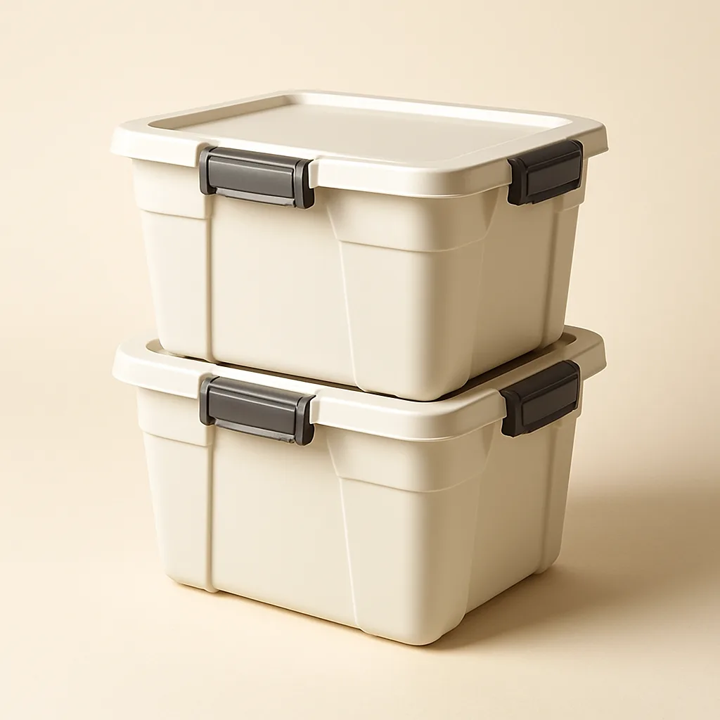 Stackable latching storage totes with lids – illustrative image, see the listing on Amazon for actual photos