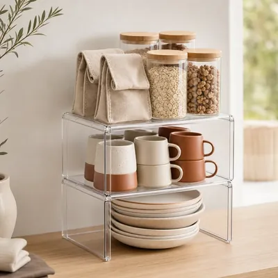 Stacking shelf risers (cheapest, most flexible) – illustrative image, see the listing on Amazon for actual photos