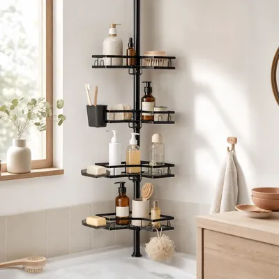 Tension-mounted shelves and poles – illustrative image, see the listing on Amazon for actual photos