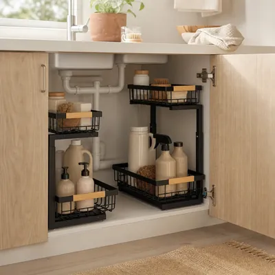 Under Sink Two Tier Organizer Pipe Friendly – illustrative image, see the listing on Amazon for actual photos