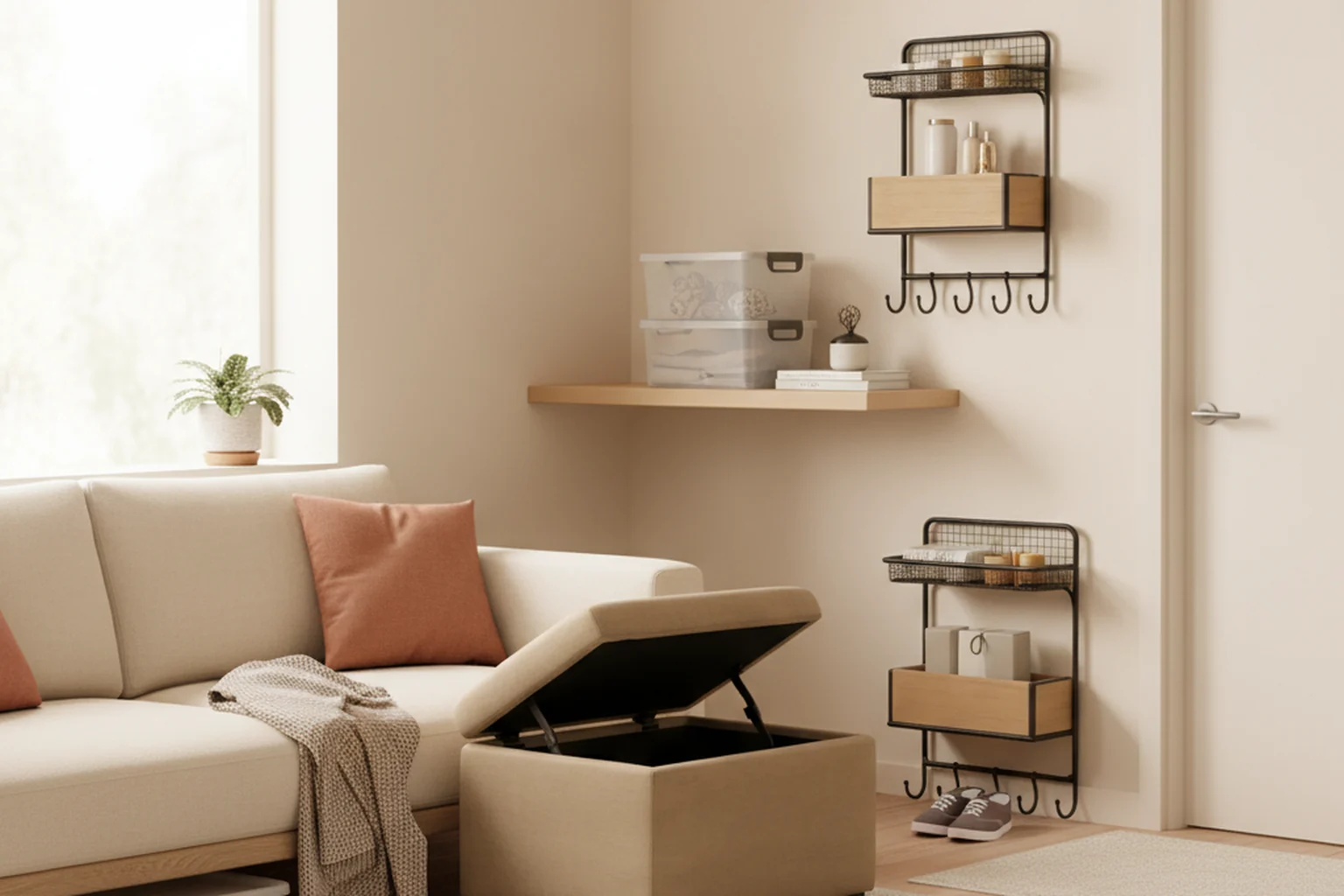 A real apartment living set up with 3 organizers you can buy on Amazon