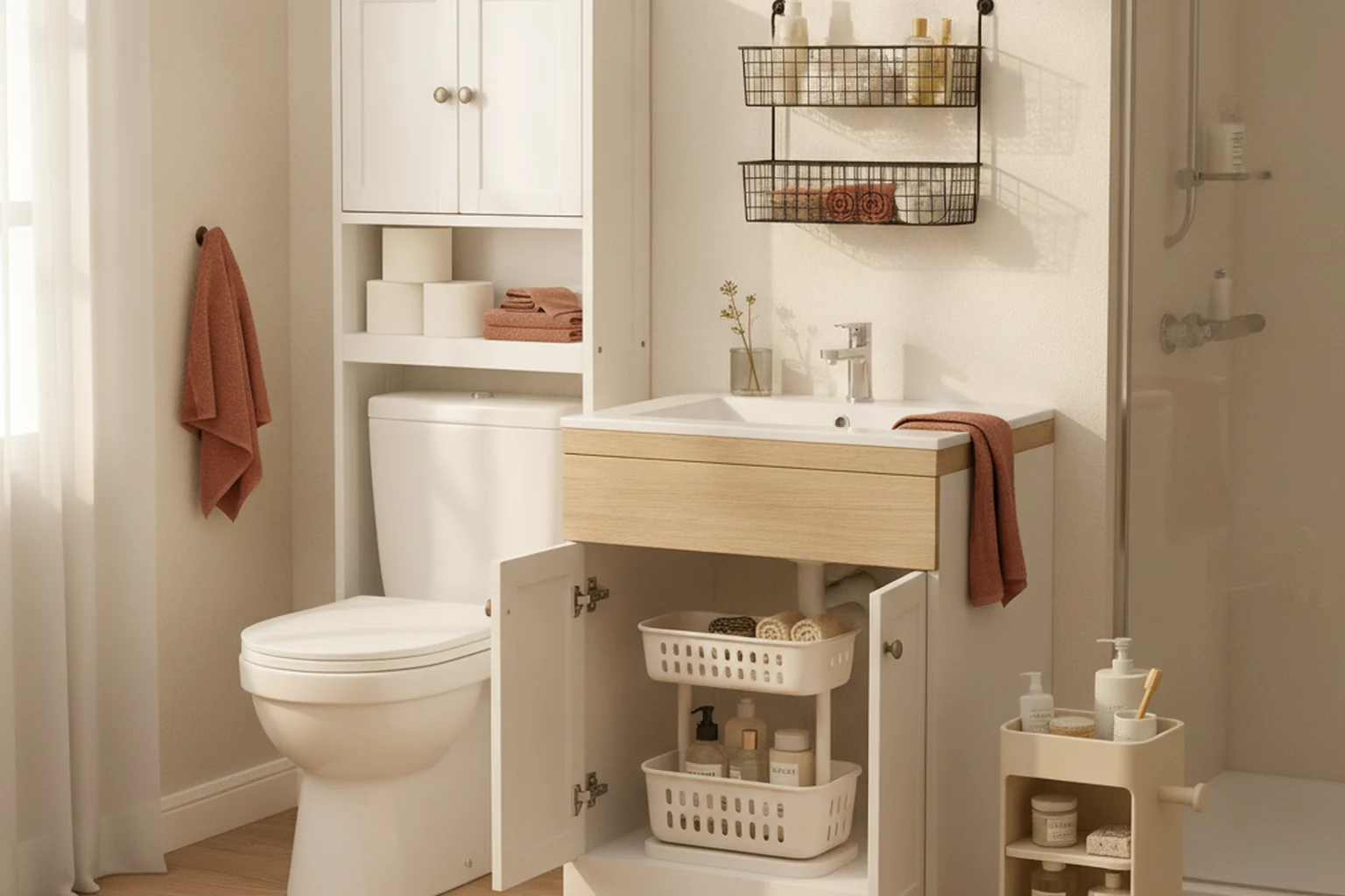 A real bathroom set up with 4 organizers you can buy on Amazon