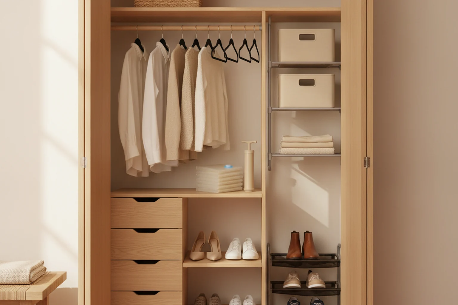 A real closet set up with 4 organizers you can buy on Amazon