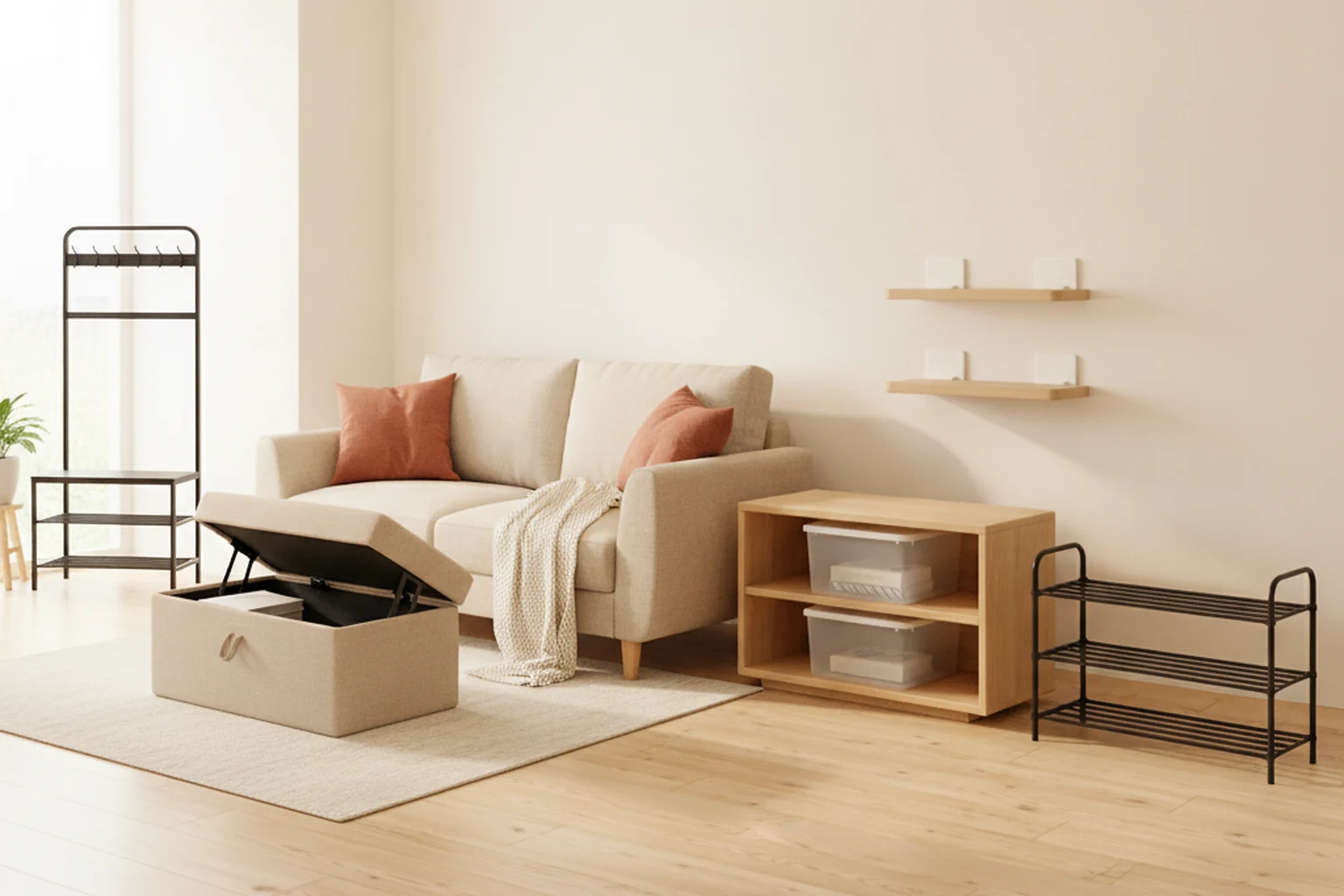 A real living room & entryway set up with 5 organizers you can buy on Amazon