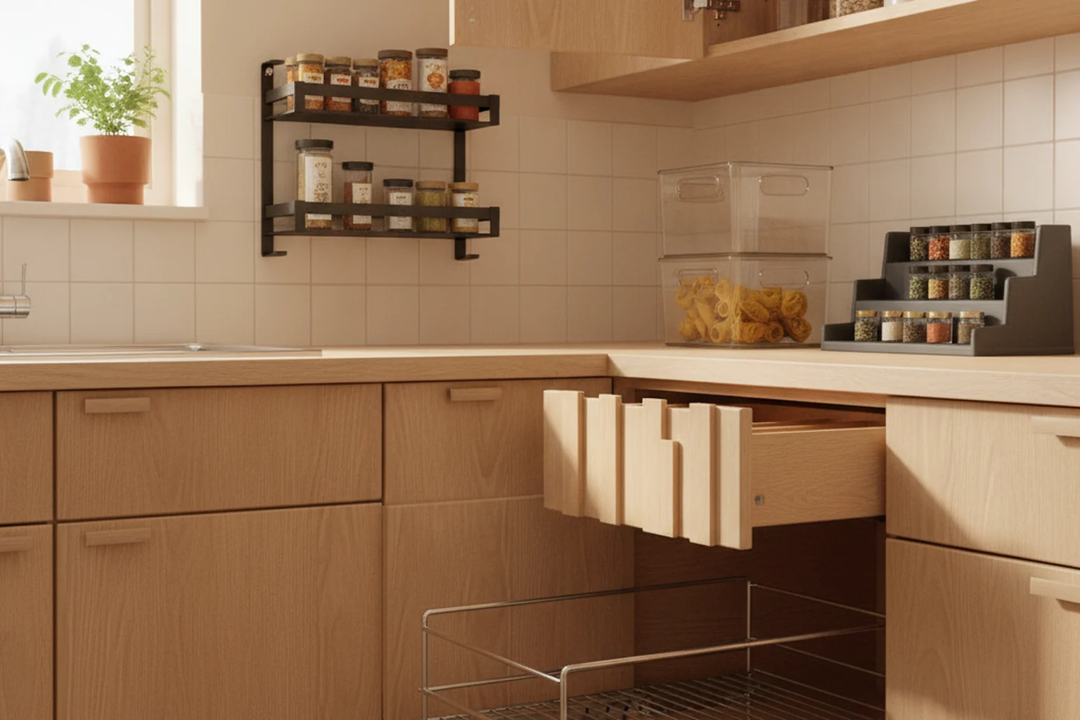 A real kitchen set up with 5 organizers you can buy on Amazon