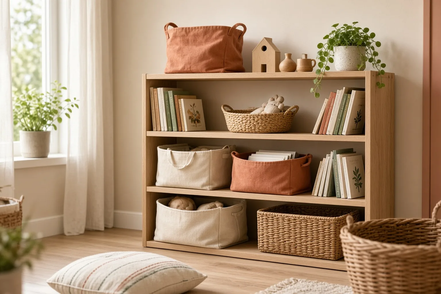 Bookshelf and Book Bin Roundup for Kids Rooms – example of the finished setup