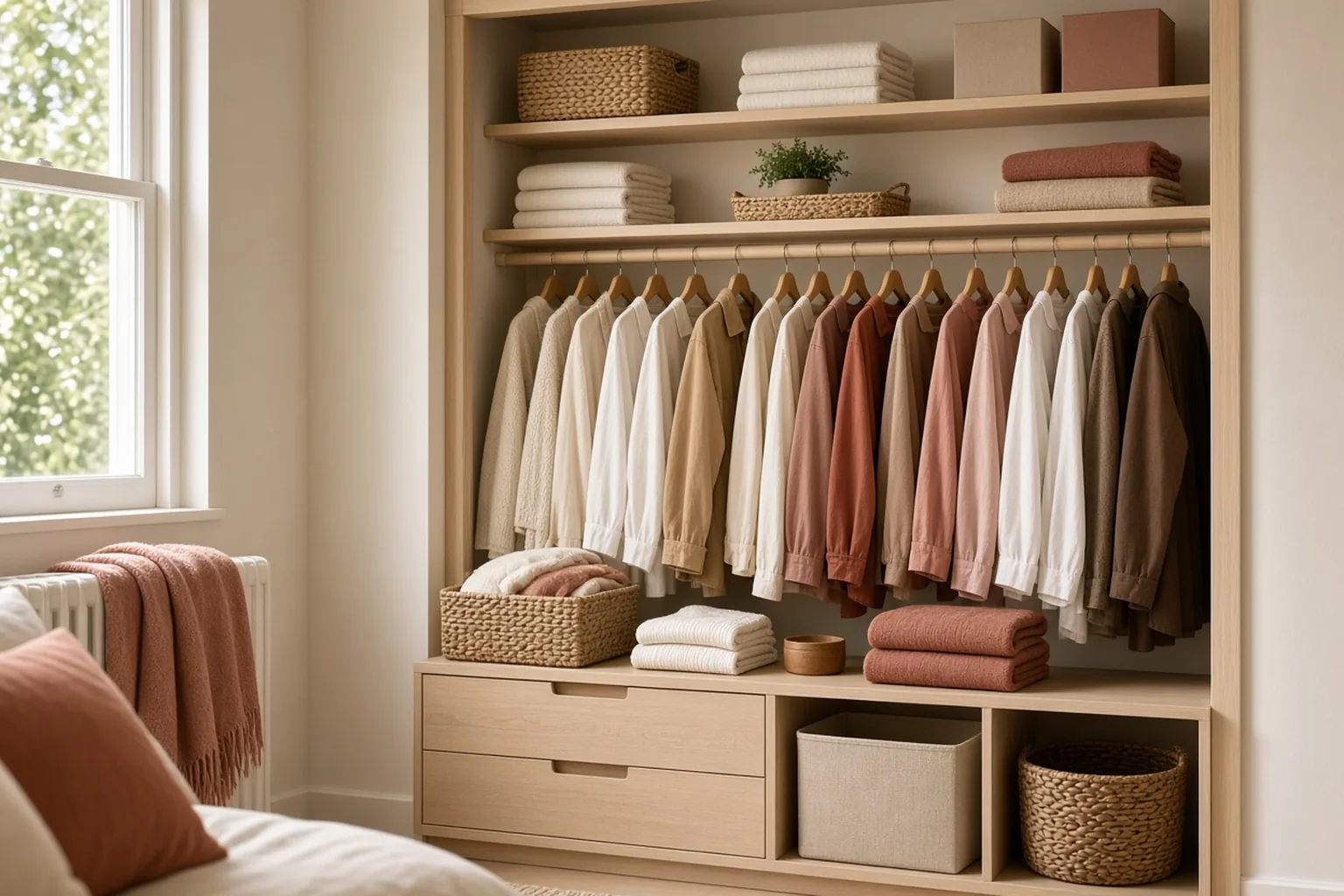 How to Organize Clothes in a Tiny Bedroom – example of the finished setup
